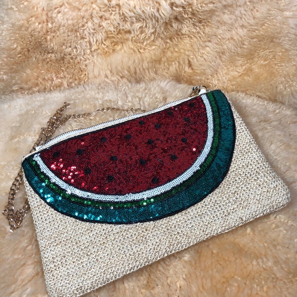 Bam Forever Watermelon/Sequins Straw Clutch Purse - Picture 13 of 14